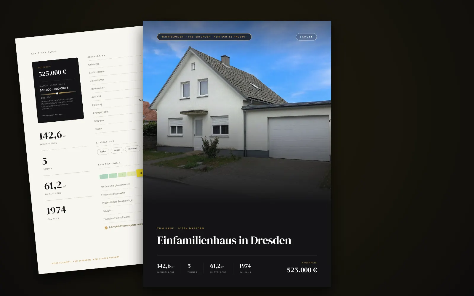 Exposé des Beispielobjekts in Dresden: Titelseite mit Foto, Titel und Kaufpreis, dahinter zwei weitere Seiten